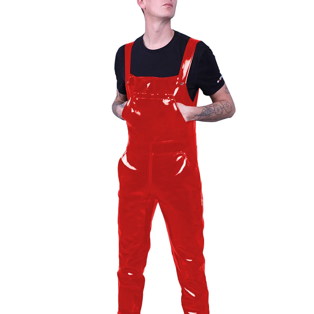 Wetlook Mens Jumpsuit Pockets Strap Suspender Pants Glossy PVC Leather Bib Pants Solid Color Streetwear Gothic Overalls Rompers 2