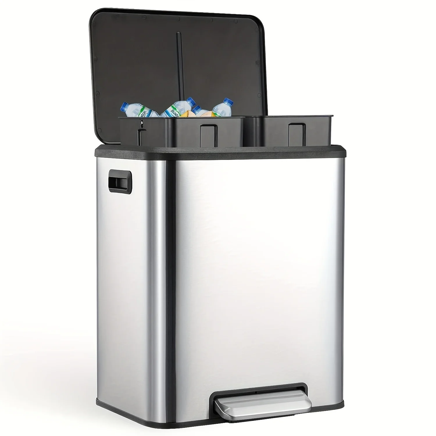 

1pc Dual Trash Can, Stainless Steel 2 X 4Gal (2 X 15L) Garbage Can, Steel Pedal Recycle Bin With Lid And Inner Buckets, Rectangu