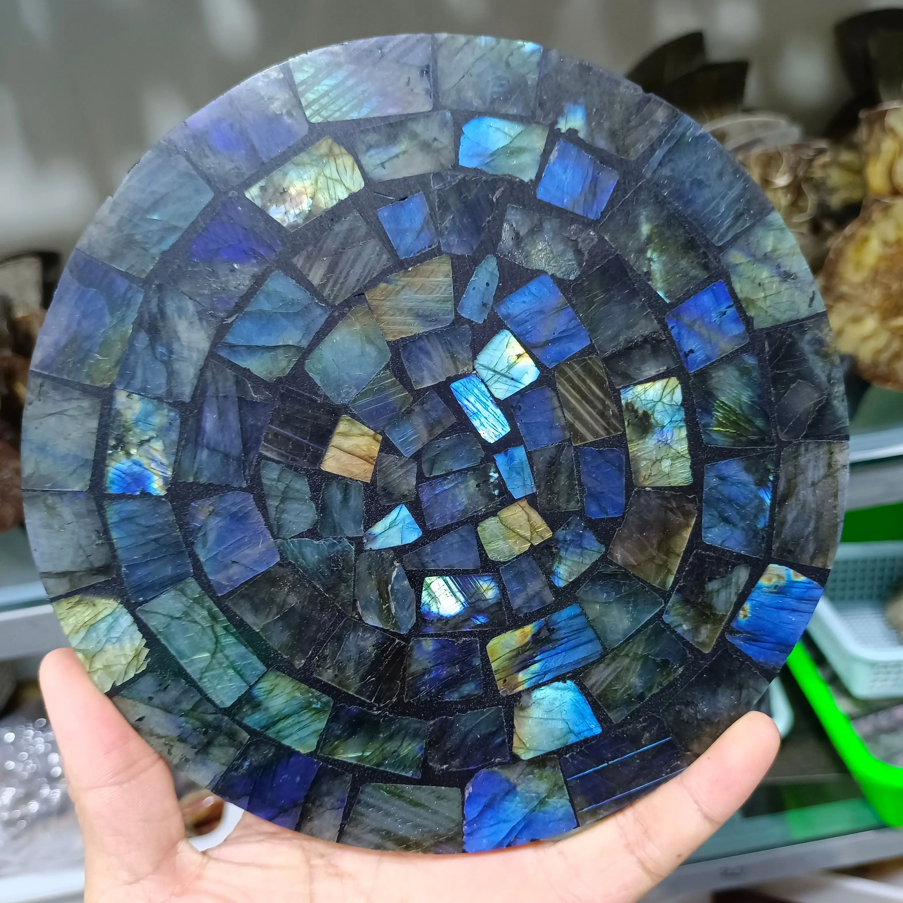 

Magical Natural Pull Feldspar Quartz Crystal Disc Blue Moonlight Stone Play Collection Mineral Healing Degaussing Gem + bracket
