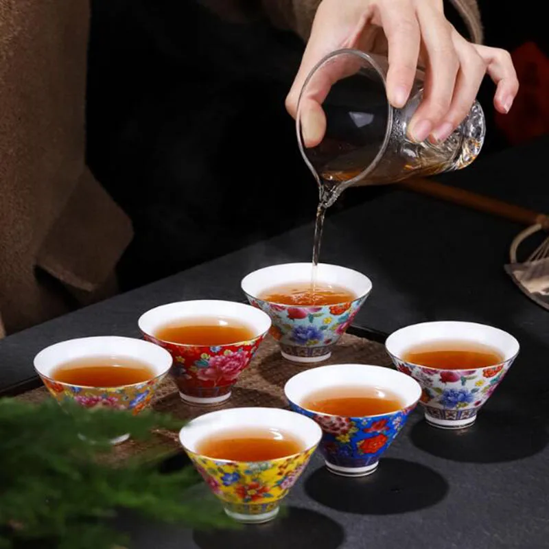 2pcs/set or 6pcs/set Tea Cups Enamel Ceramic Kungfu Tea Set Chinese Style Drinkware for Friend Birthday Creative Gift