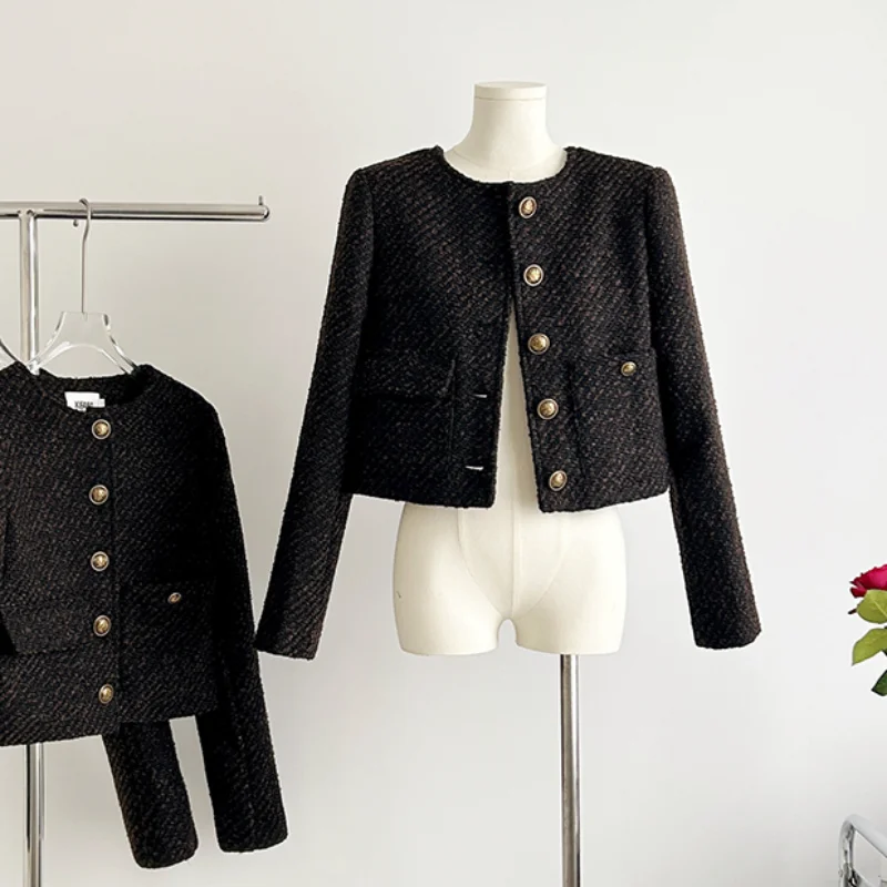 

Small Fragrant Vintage Fashion Short Coat Women French Long Sleeve Simple Korea Basic Long Sleeve Tweed Chic Elegant Female Coat