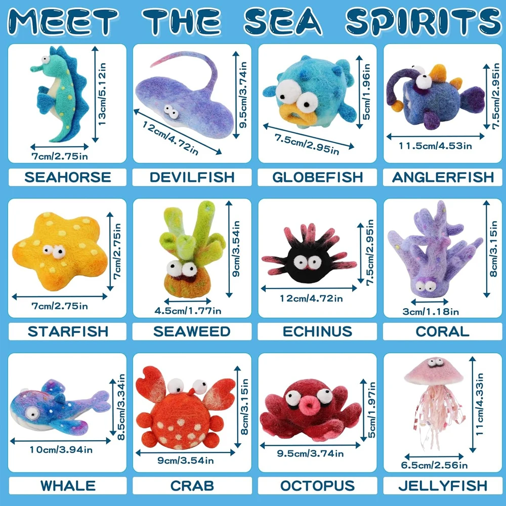 Sea Animals Needle Felting Kit Roving Felting Needles Pad Instruction for Starters DIY Craft 12Pcs
