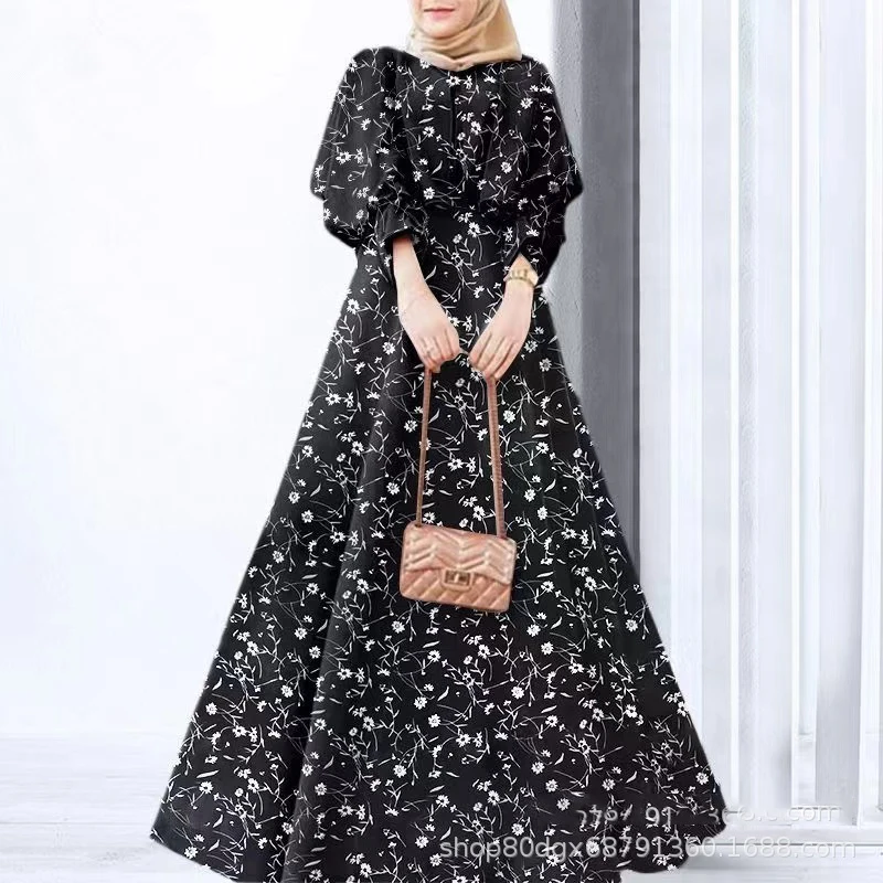 Elegant Muslim Women's Floral Dress Islam Dubai Turkey Female Abayas Spring Summer Fashion Half Sleeves Head Cape Long Vestidos