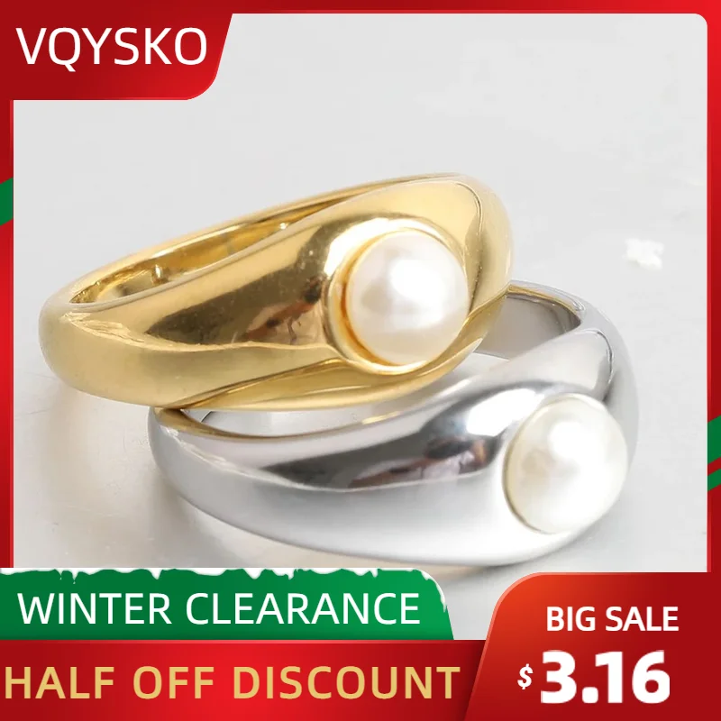 Vqysko Chic Single Pearl Ring Chunky Stacking Finger Ring Simple Minimalist Couple Anniversary Jewelry