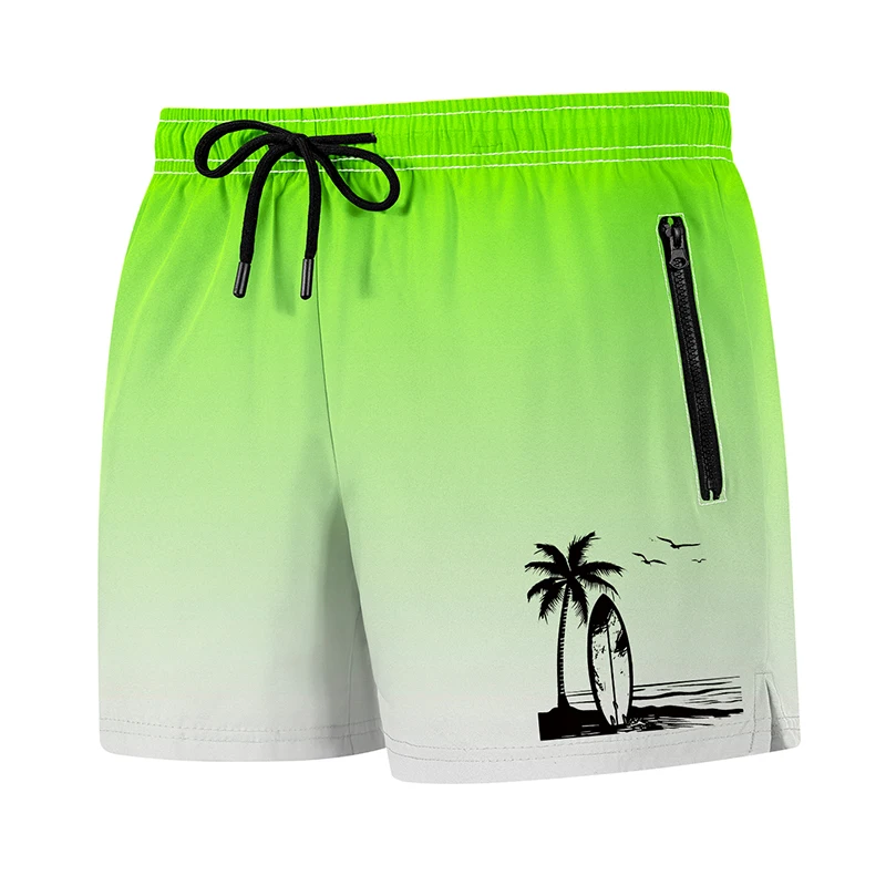 Tropical Surfboard Print Men's Beach Shorts with Mesh Liner and Zipper Pockets