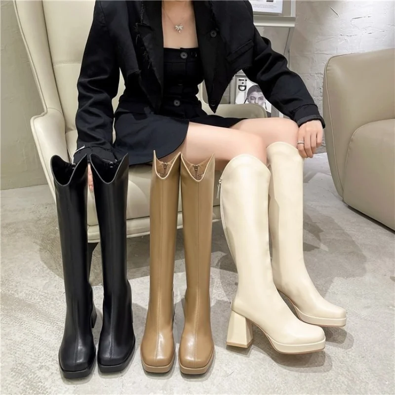 

New Autumn Women Pu Leather Knee High Boots Female Back Zip Thick High Heels Platform Long Motorcycle Boots Ladies Fashion Shoes