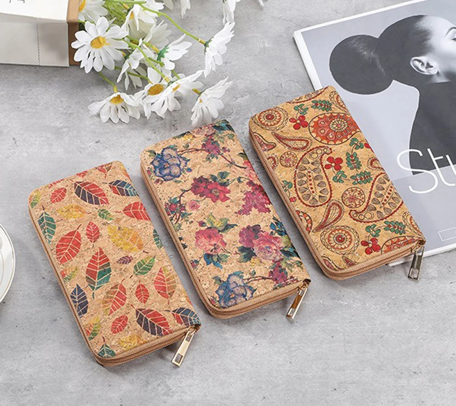 

DHL30pcs Wallets Women Cork Leather Cartoon Leaf Printing Multifunctional Long Credit Card Holder