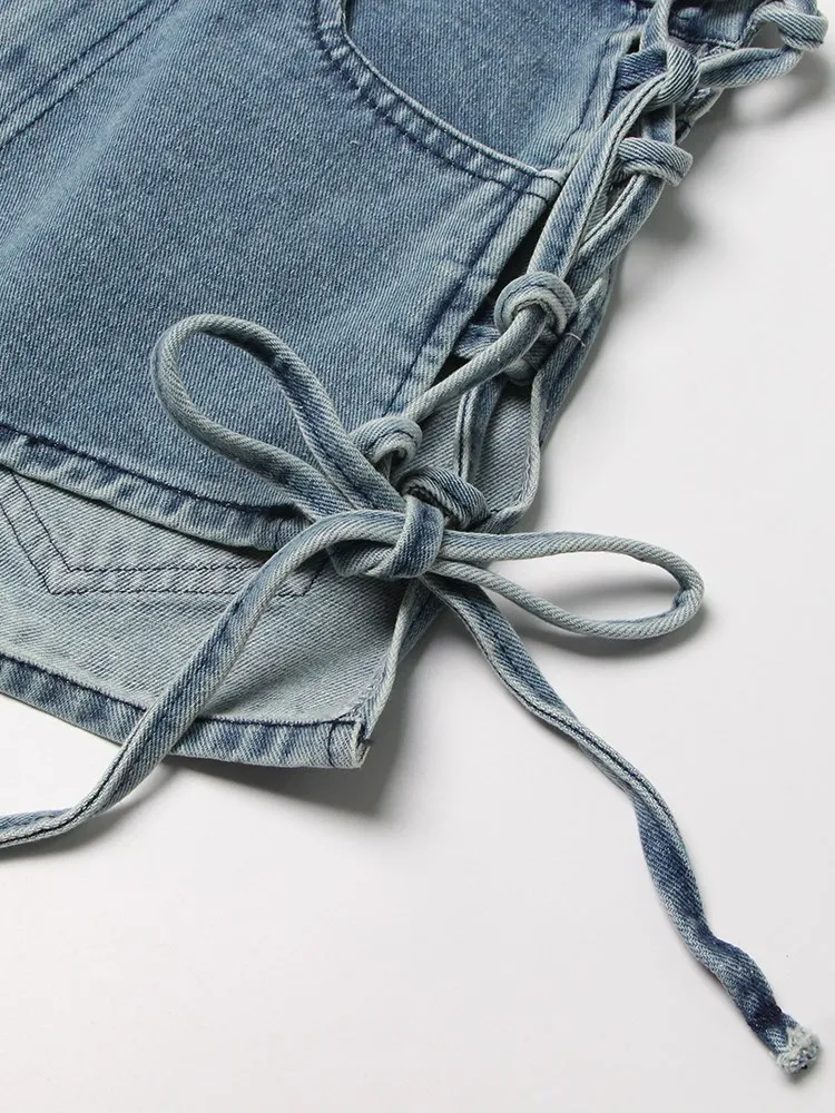 KBQ Hollow Out Spliced Lace Up Shorts For Women High Waist Patchwork Pockets Sexy Denim Short Trousers Summer Fashion Style New