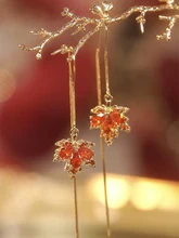  New Fashion Gold Color Maple Leaf Drop Earring Trend Long Tassel Red Zircon Earrings Women Wedding Earring Fashion Jewelry Gifts 