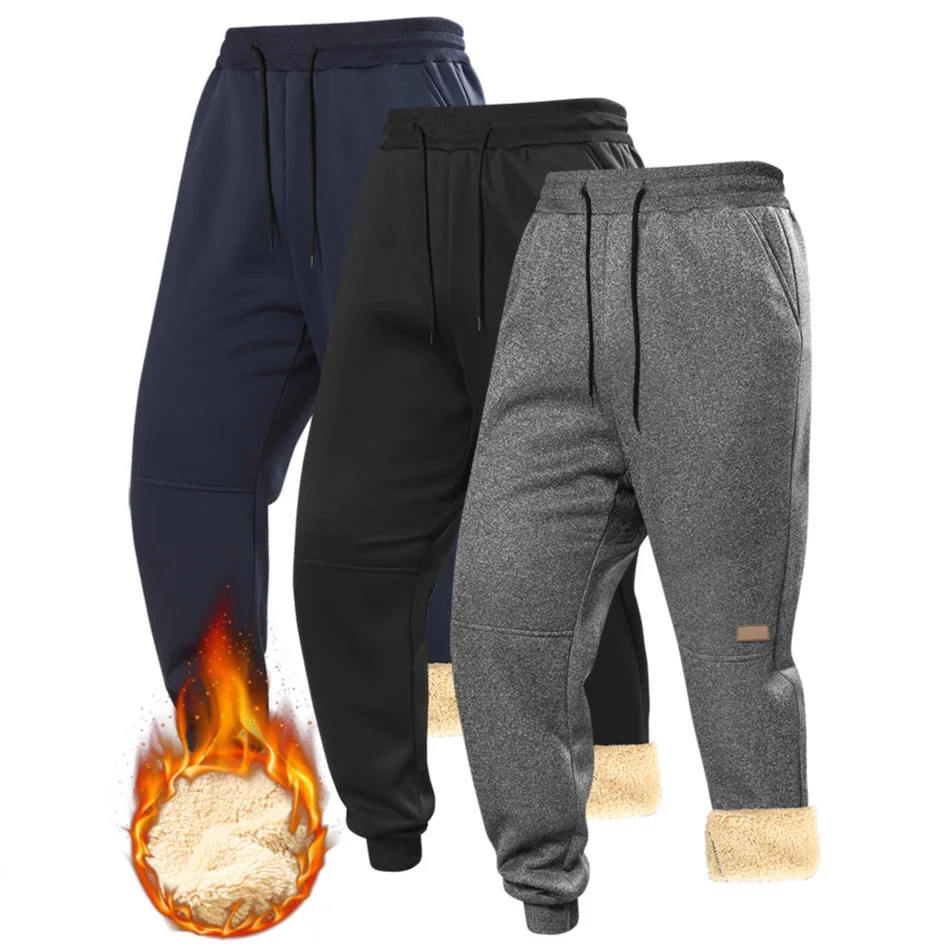 Thickened Lamb Velvet Fleece Lined Sports Casual Pants Men's Large Size Autumn Winter Warm Breathable Machine Washable Polyester