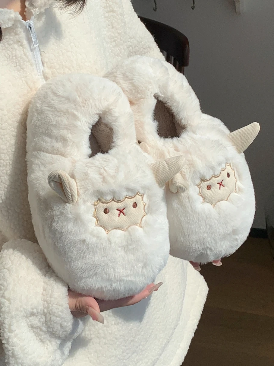 

Cute Sheep Cotton Slippers For Women's Winter Anti-skid Thick Sole Plush Warm Postpartum Shoes For Home Cotton Man Slipper