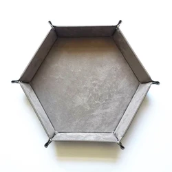 Foldable Hexagonal PU Leather Dice Tray with Flannel Lining - Portable Storage Box for Tabletop Games and Office Accessories (Gray)