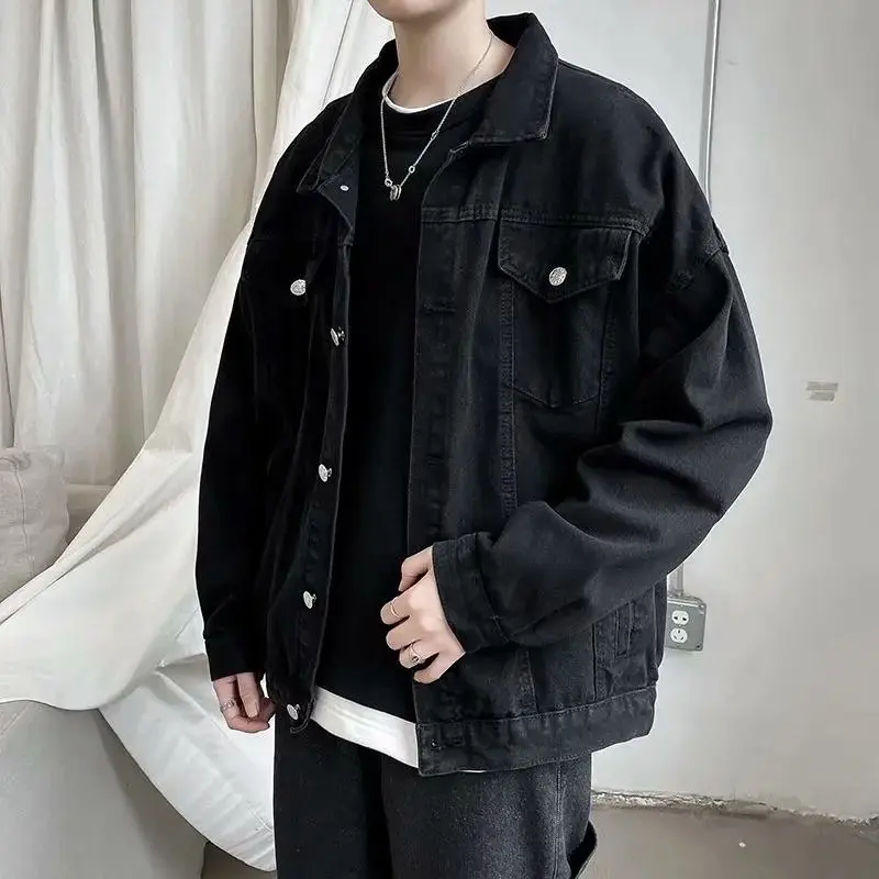 Black Denim Short Jacket Men Jeans Jacket Coats Casual Windbreaker Pockets Overalls Bomber Streetwear Man Clothing Outwear loose big size wide leg denim overalls for women casual oversized summer short jumpsuits baggy bib pants straps jeans dungarees