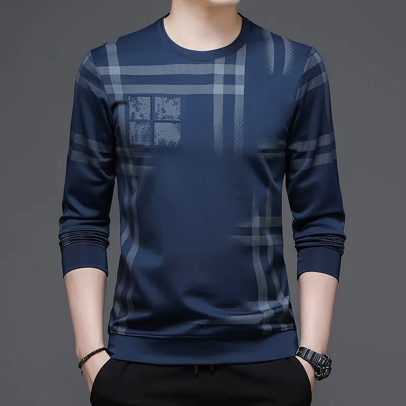 

Autumn and Winter Men's Pullover Round Neck Stripe Plaid Printed Solid Long Ssleeve Sports Sweater Underlay Fashion Casual Tops