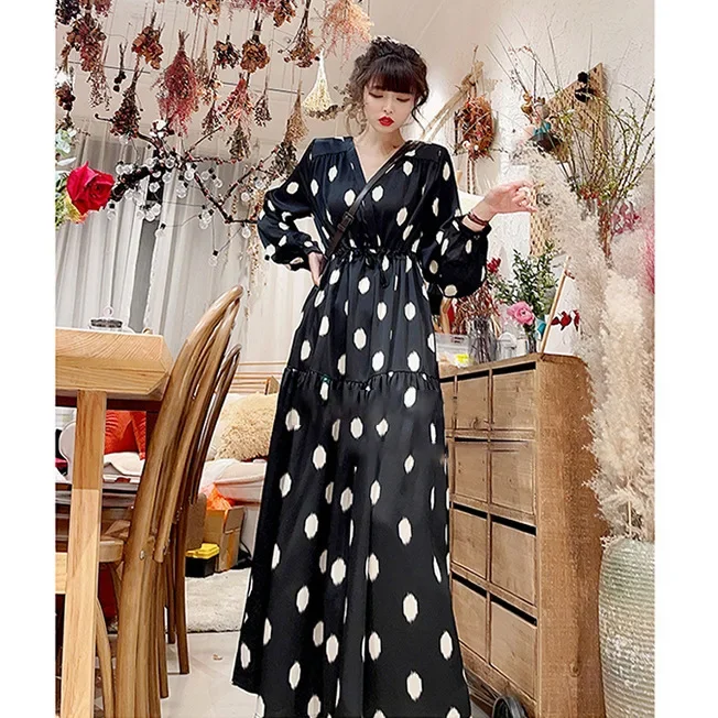Vestido Para Mujer Con Lunares - Cuello En V, Manga Larga, Volantes Y Cinturón, Estilo Playa Y Vacaciones