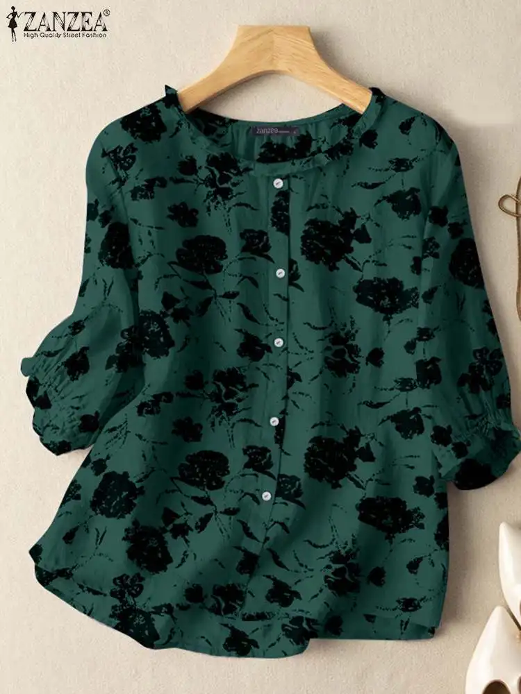 

2023 ZANZEA Fashion Ruffles Blouse Femme O Neck 3/4 Sleeve Shirt Summer Casual Floral Printed Tops Woman Vintage Loose Chemise