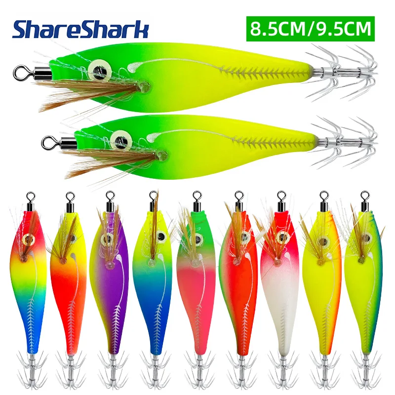 ShareShark 8,5/9,5cm Leuchtende Horizontale Jig-Holzgarnelen-Tintenfischhaken 5 Stück Angelköder Oktopus Tintenfisch Garnelen Salzwasserköder