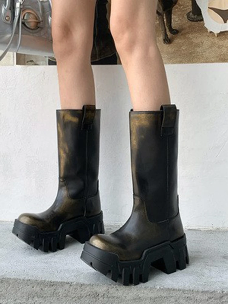 

Round Toe Platform Gear Sole Knee High Boots Slip-On Rubber Sewing Solid Heighten Increase Cool Girl Punk All Season Shoes