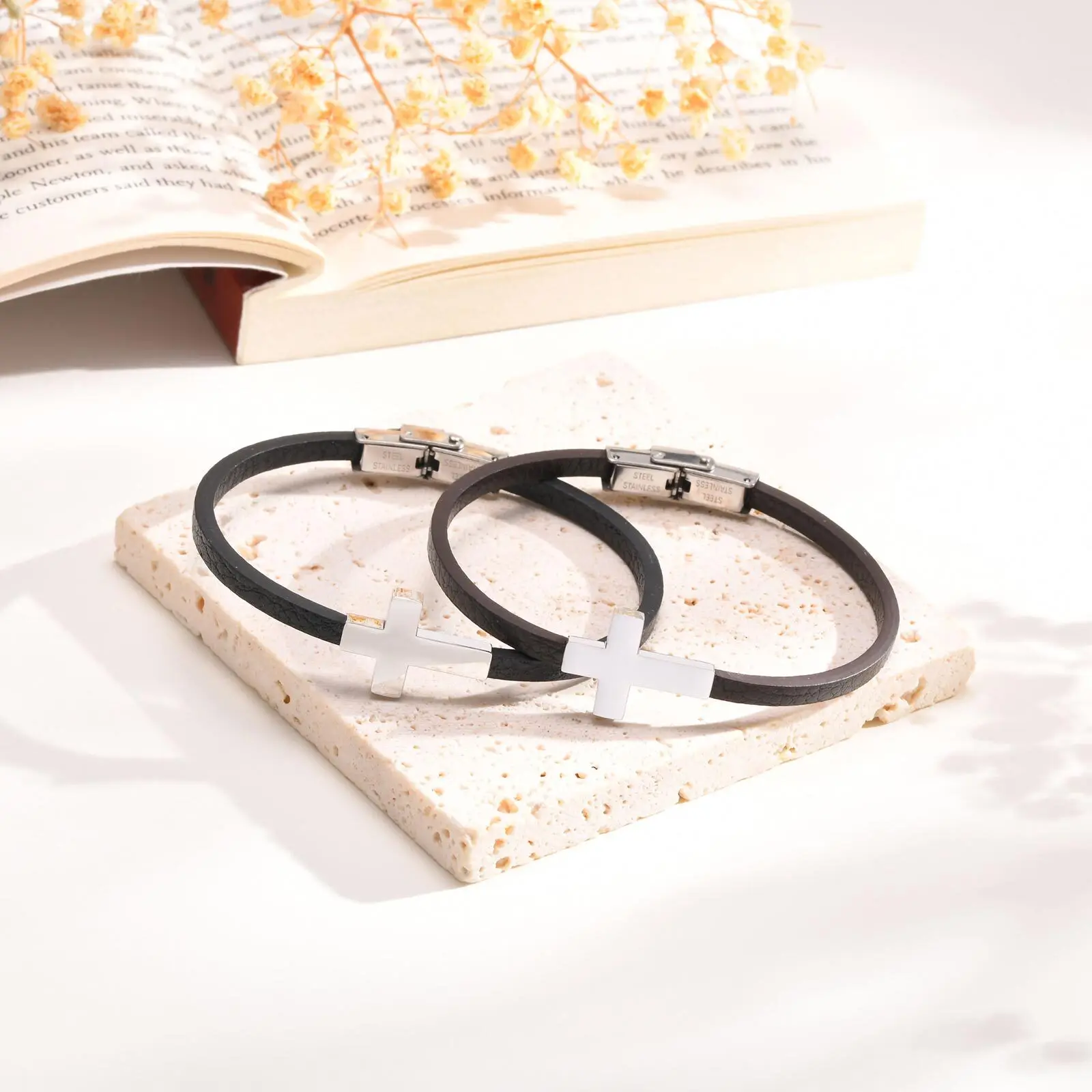 Cross Bracelet for Men Boys,Stainless Steel Cross Charm PU Leather Rope Bracelet,Casual Jewelry Gift