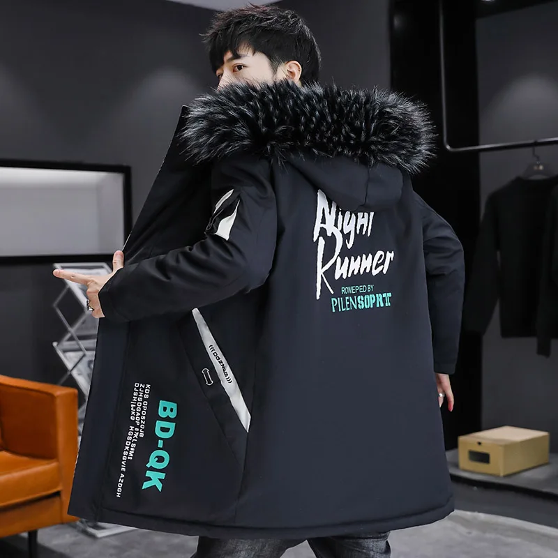 Autumn Winter Men's Plush Windbreaker Parka Youth Outwear Mid-Length Warm Fleece Jackets Detachable Fur Collar Thicken Coat