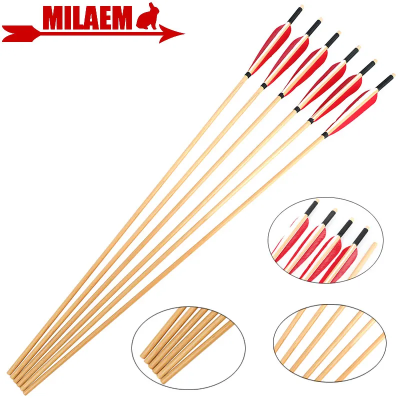 6/12pcs Archery Wooden Arrows 8mm 31.5Inch With 5inchTurkey Feathers