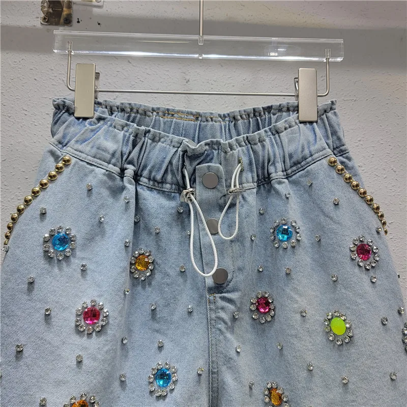 New Arrival Heavy Industry Beads Color Diamond High Waist Jeans Shorts Women Loose Slimming Casual Denim Shorts Summer Bottoms