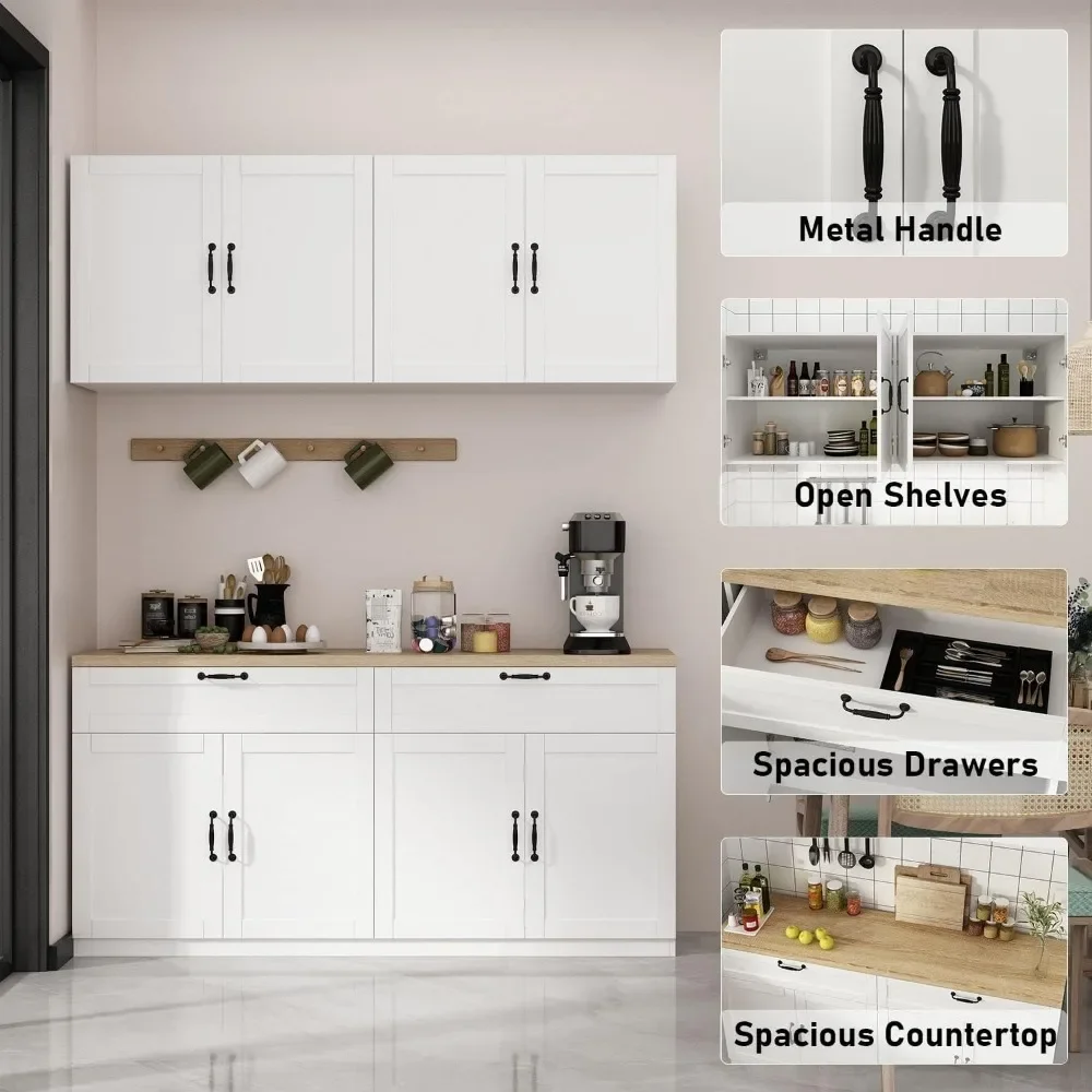 Wall Mounted Kitchen Pantry Storage Cabinet with Countertop, Pantry Cabinet with Drawers & Doors, Wall for Kitchen