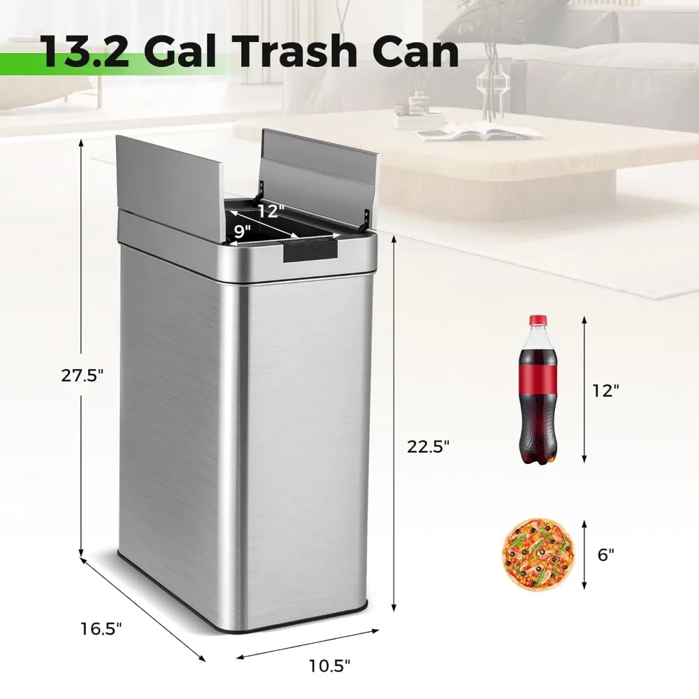 Slim Kitchen Trash Can with Wing Lids, 13.2 Gal Automatic Sensor Garbage Can, Stainless Steel Trash Bin, Hand-Free Infrared 5
