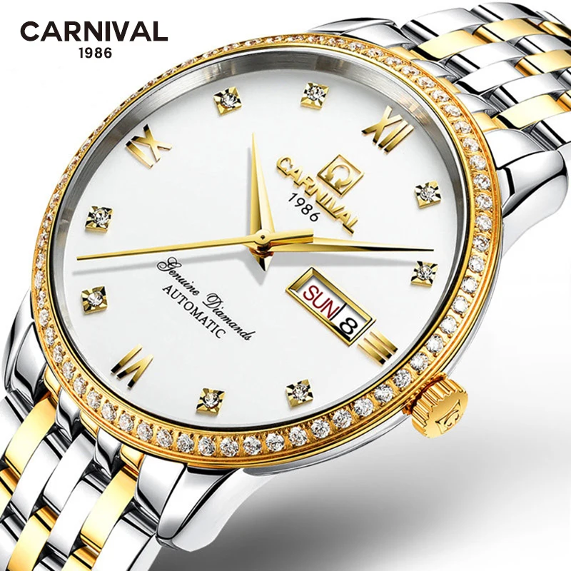 Carnival New Top Brand Sports Men Mechanical Wristwatch Luxury Automatic Watch Men's Week Date Stainless Steel Waterproof Clock