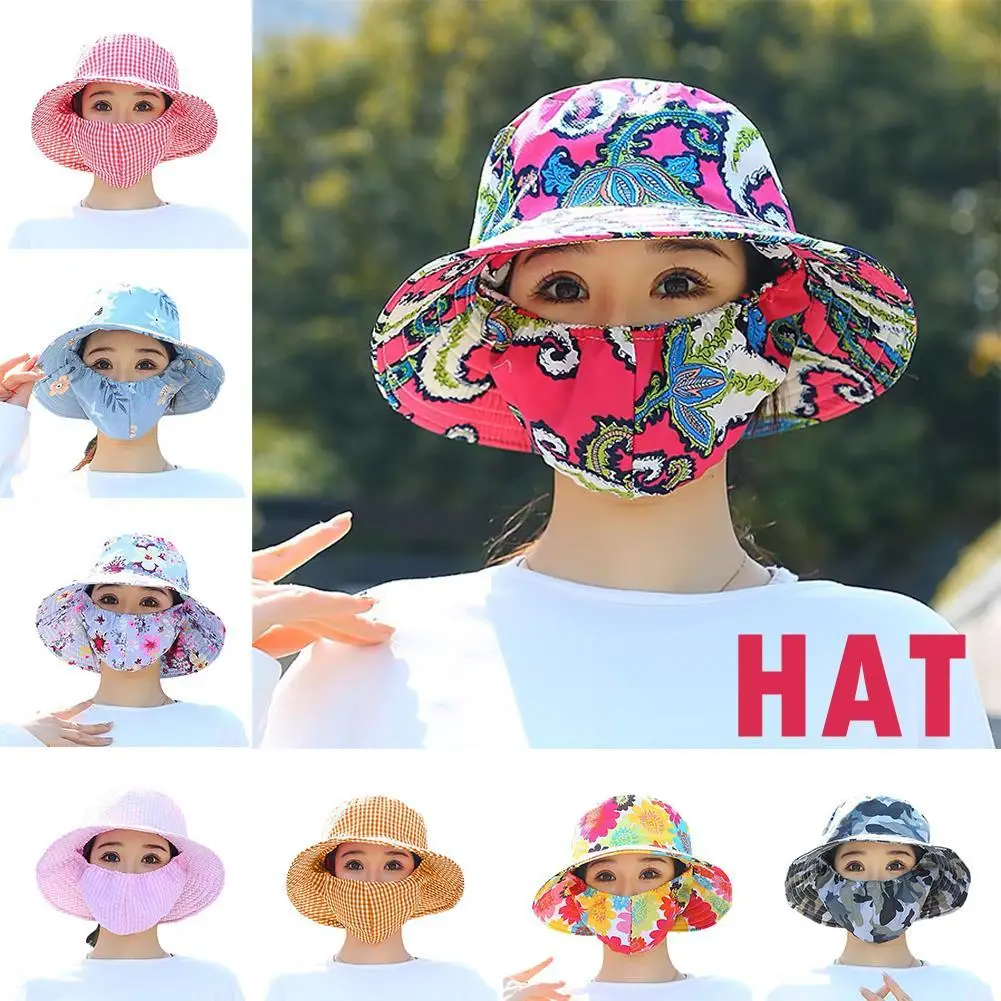 

Fashion Flower Printed Summer Hats For Women With Face Mask Anti-UV Sun Protection Breathable Outdoor Working Cycling Sunhat