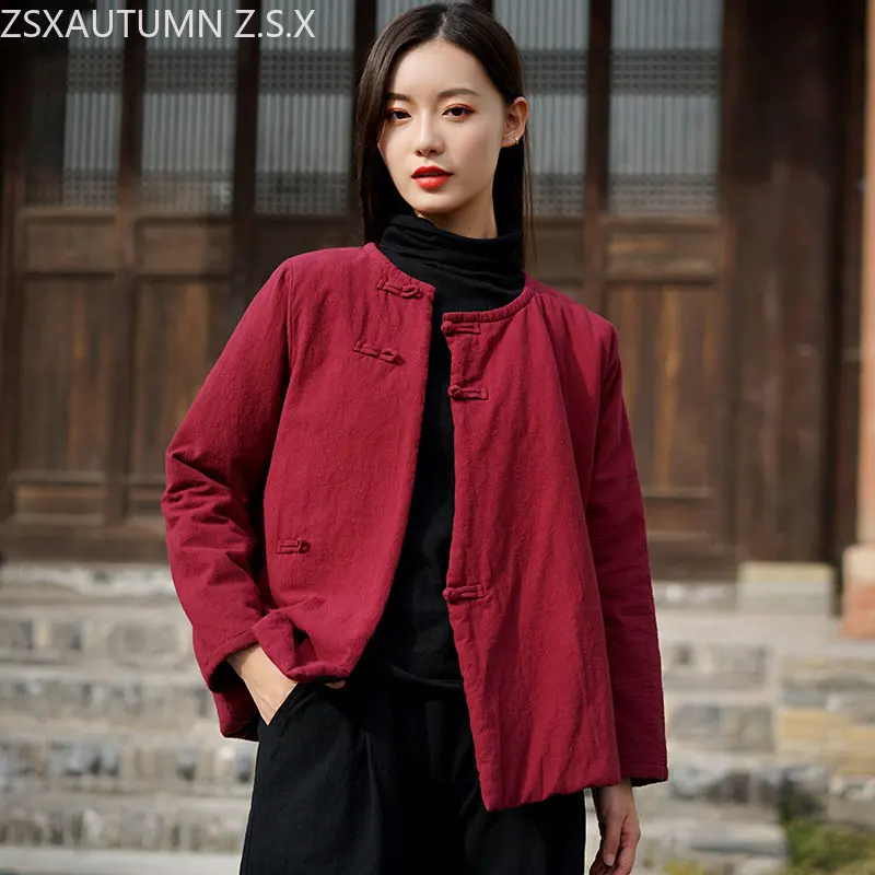 

Autumn Winter New Cotton and Hemp Chinese Style Coat Women's Literary Short Padded Jacket Vintage Traditional Clothing Female
