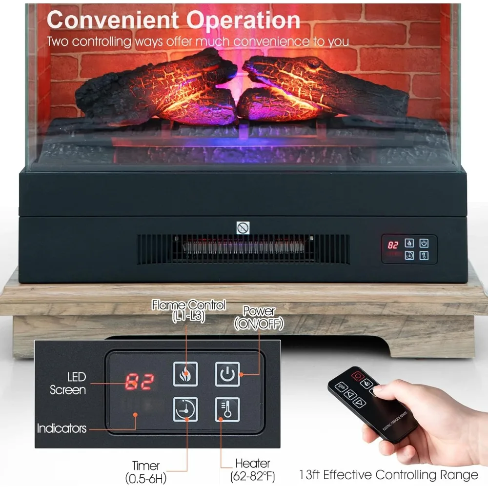 27 Inch Freestanding Fireplace,1400W Electric Fireplace Heater w/3-Level Vivid Flame & Thermostat Control,0.5-6H Timing Function 4