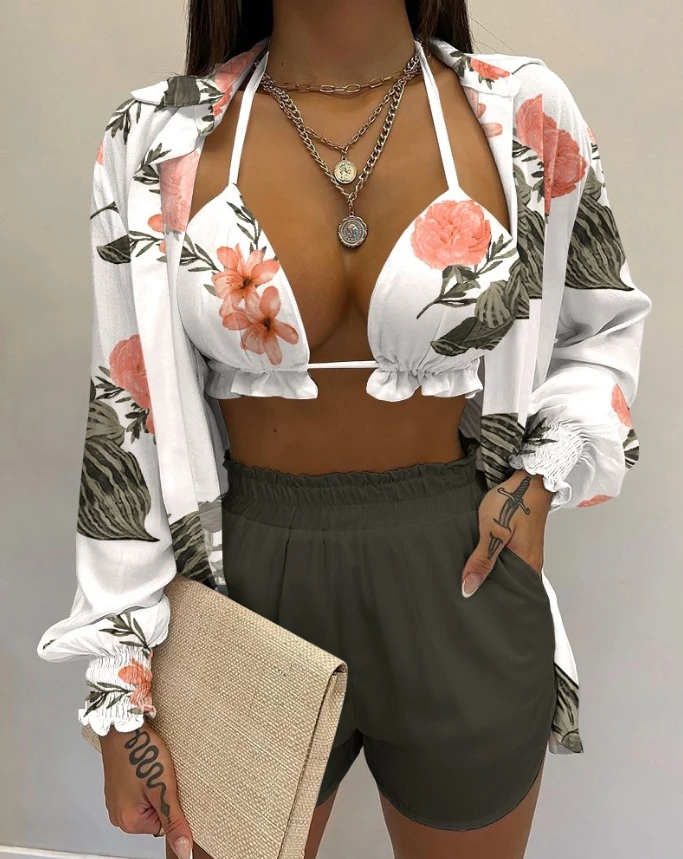 3 Pieces Set Outfits Women Summer Lantern Sleeve Spaghetti Strap Halter Turn-Down Collar New Plant Printed Shirts 3Pcs Short Set