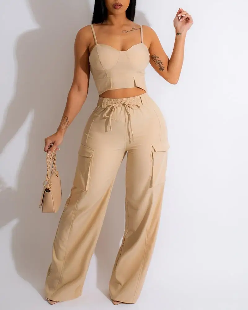 

2023 Women Crop Cami Top & Pocket Design Pants Set Summer U Neck Sleeveless Skinny Pullover Tops Summer Lace Up Long Pants 2PCS