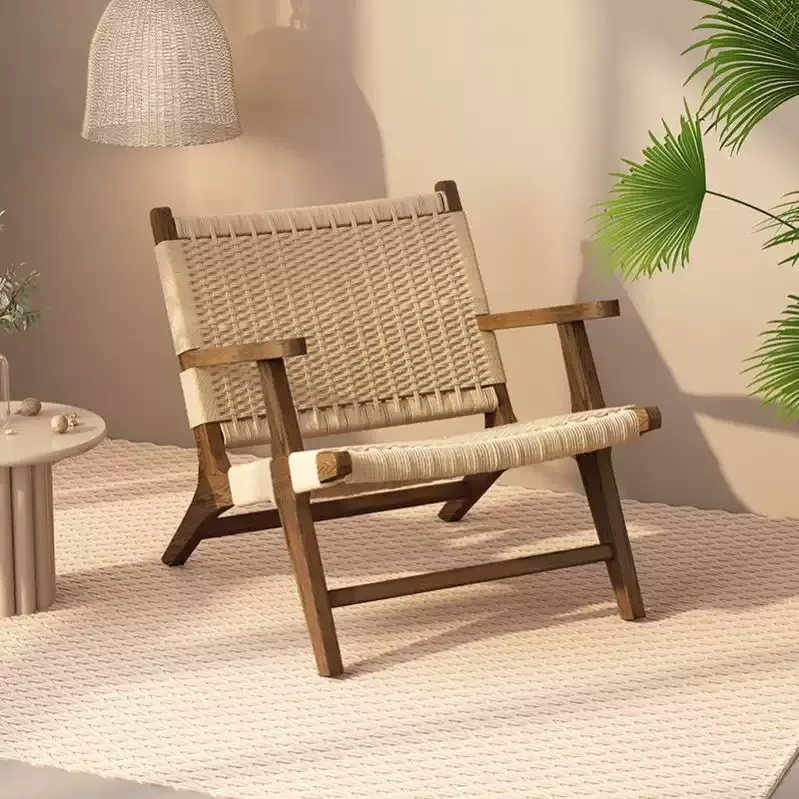 Rope Woven Solid Wood Lounge Chair, Nordic Balcony Leisure Chair, Wabi-Sabi Lazy Armchair for Small Spaces and Bedroom Decor