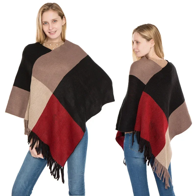 

2023 Large Grid Color Matching Knitted Warm Shawl Autumn and Winter New Tassel Pullover Cape Ponchos
