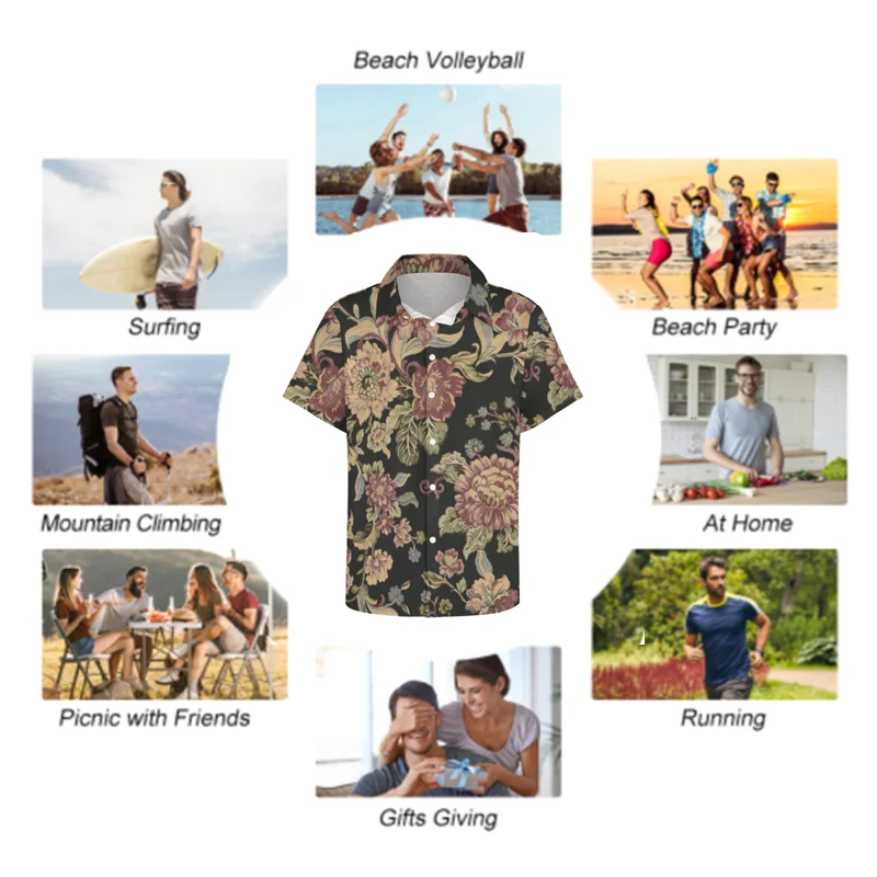 Summer small floral print short shirt men's personalized pattern beach casual thin shirt