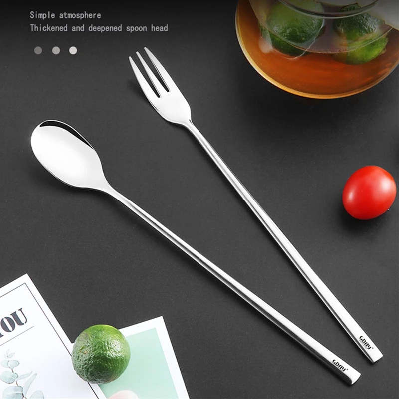 Description Picture 4 of item304 Stainless Steel Tea Spoon Long Handle Cocktail Coffee Ice Cream Stirring Scoop Dessert Fork Kitchen Tableware Bar Tools