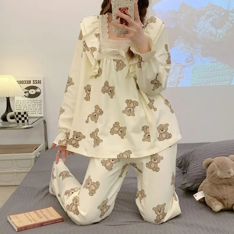 Princess Style Pajamas Outfit Women's Spring Autumn Long Sleeved Nighty Japanese Cartoon Two-piece Sleepwear Set Girls Home Wear
