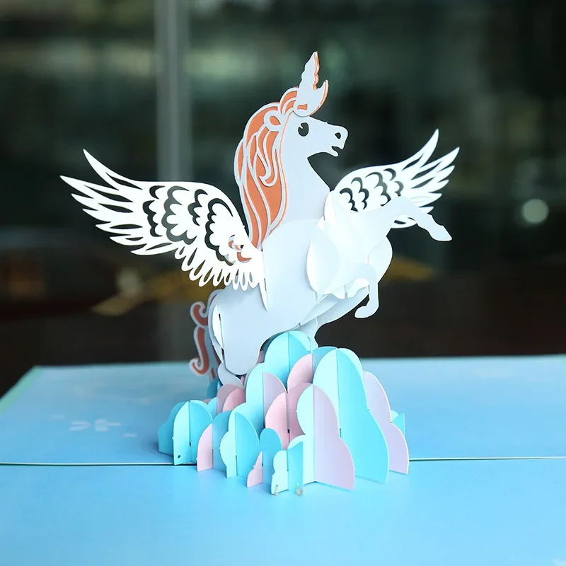 3D pop-up greeting card unicorn personality flying horse three-dimensional paper carving fairy tale holiday cards gift