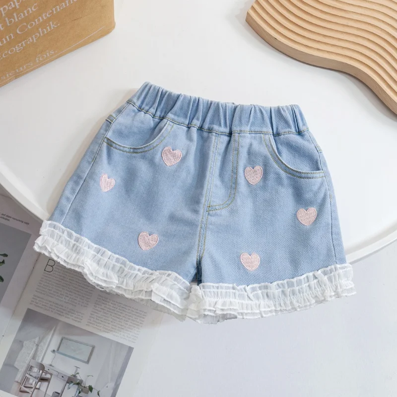 

Girls' Denim Shorts New Western Style Children Baby Girl Lace Love Shorts Summer Outdoor All-Matching