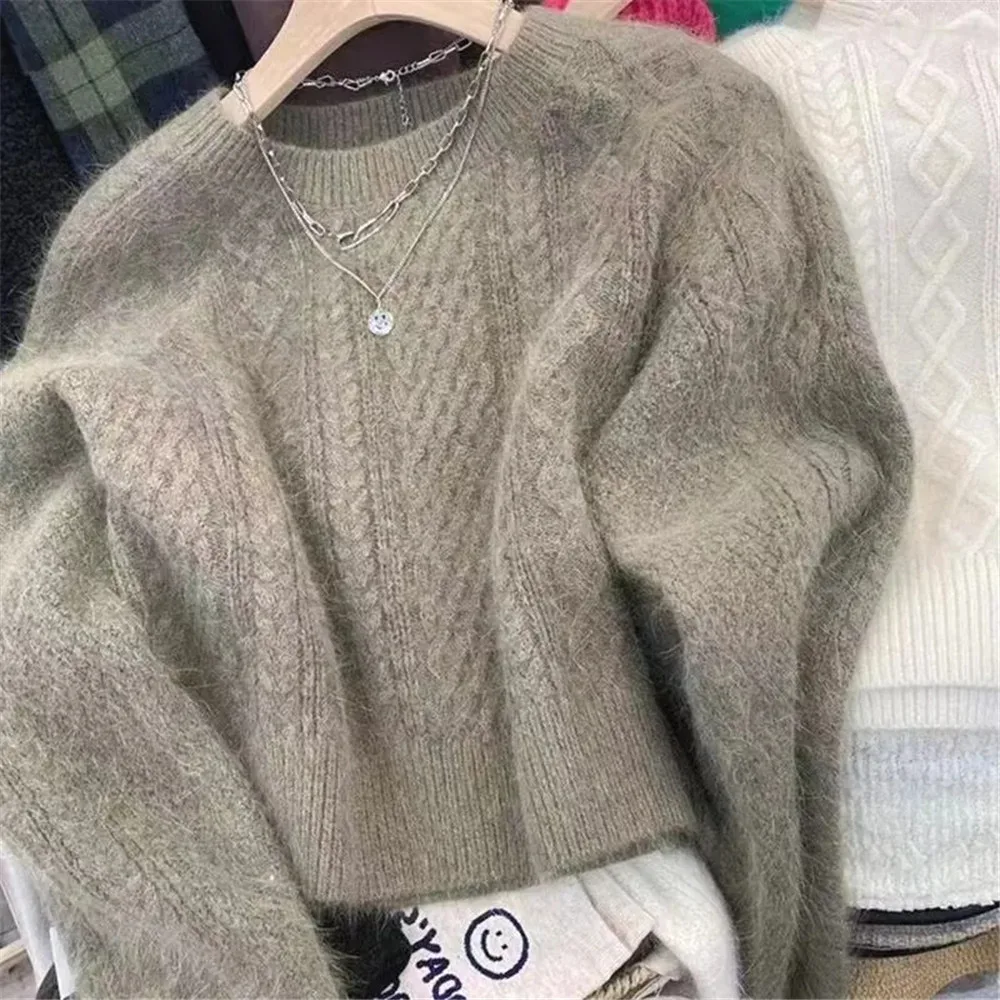 

Y2k O-neck Thicken Plus Velvet Sweater Loose Women Winter Knit Top Pullovers Casual Fleece Lined Basic Warm Long Sleeve Knitwear