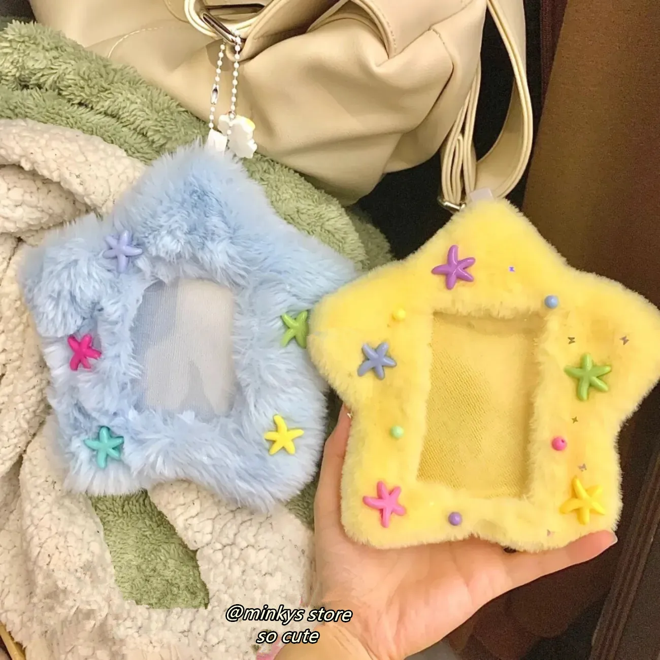 MINKYS Kawaii Fluffy Star Shape 3 inch Kpop Photocard Holder Photo Card Holder Bag Pendant