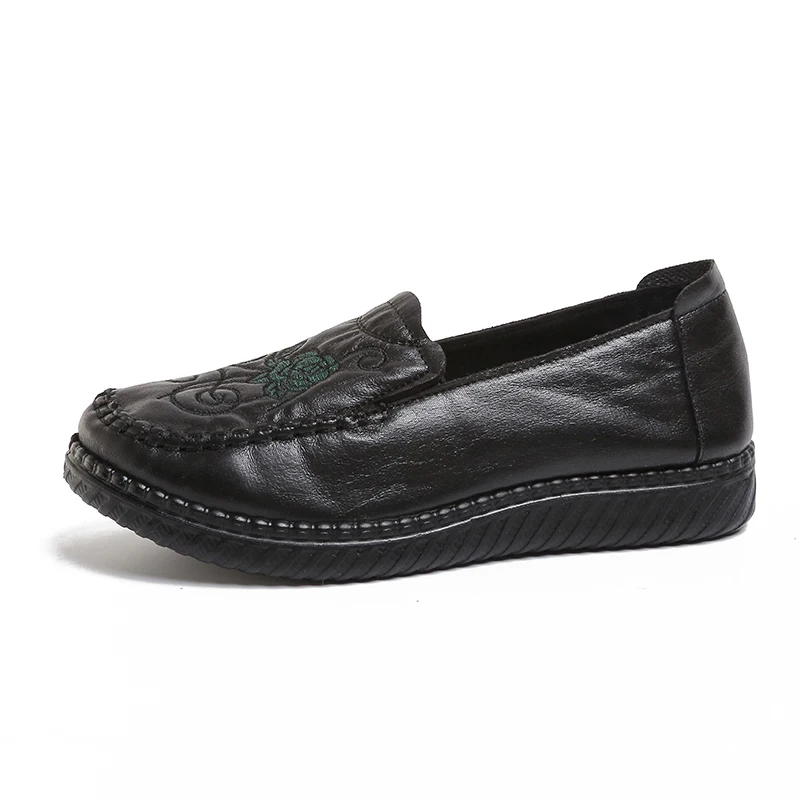 Vintage Scroll Embroidered Faux Leather Slip-On Loafers with Smooth Upper and Lightweight Design