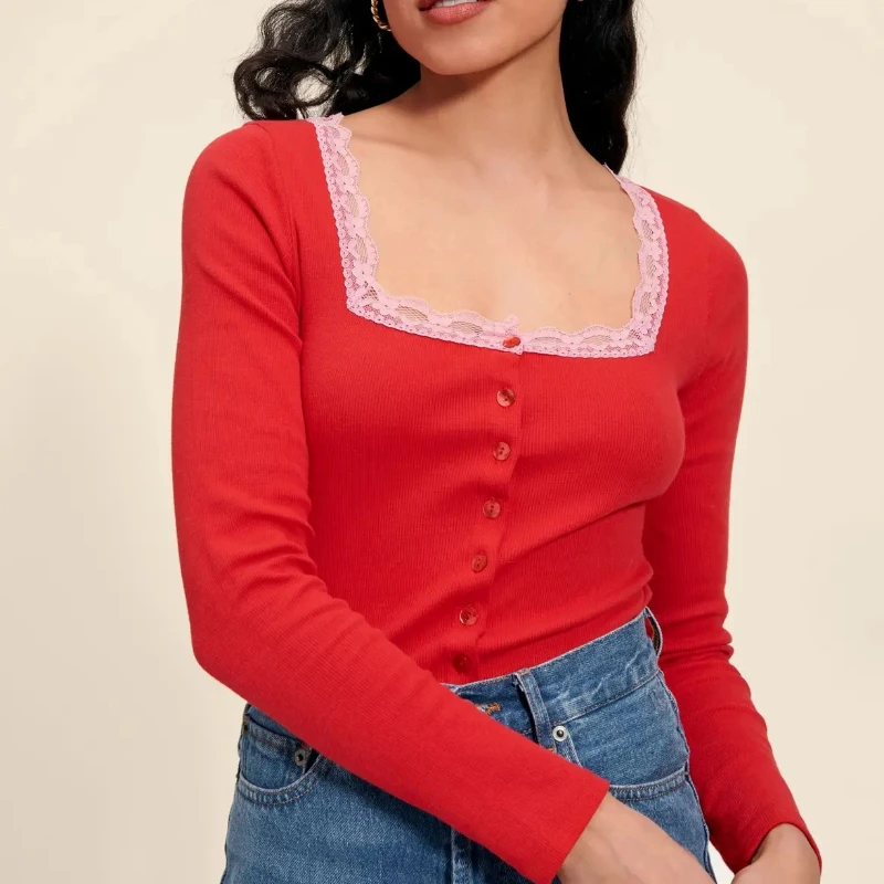 

Женский трикотажный кардиган, однобортный Френч-Кардиган с длинным рукавом и квадратным вырезом, весна-лето 2023