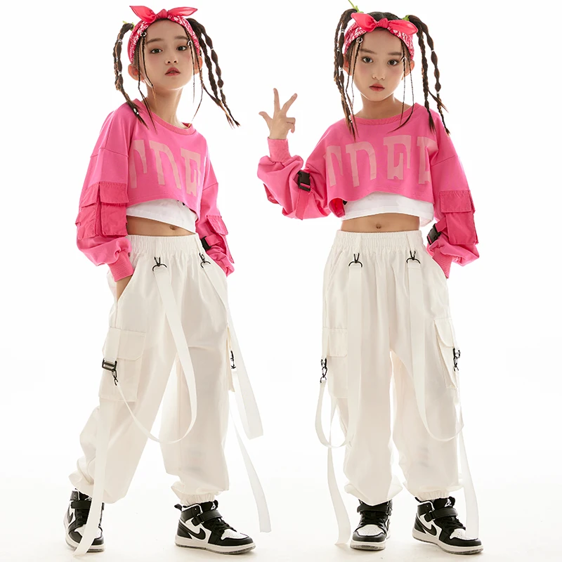 

White Pants Modern Jazz Performance Costume Rave Outfit Kpop Kids Hip Hop Dance Clothes For Girls Pink Crop Tops Loose
