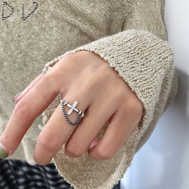 

Trendy Vintage Silver Color Ring Personality Cross Chain Tassel Lines Arrow Fashion Jewelry for Women Party Accessories Gift