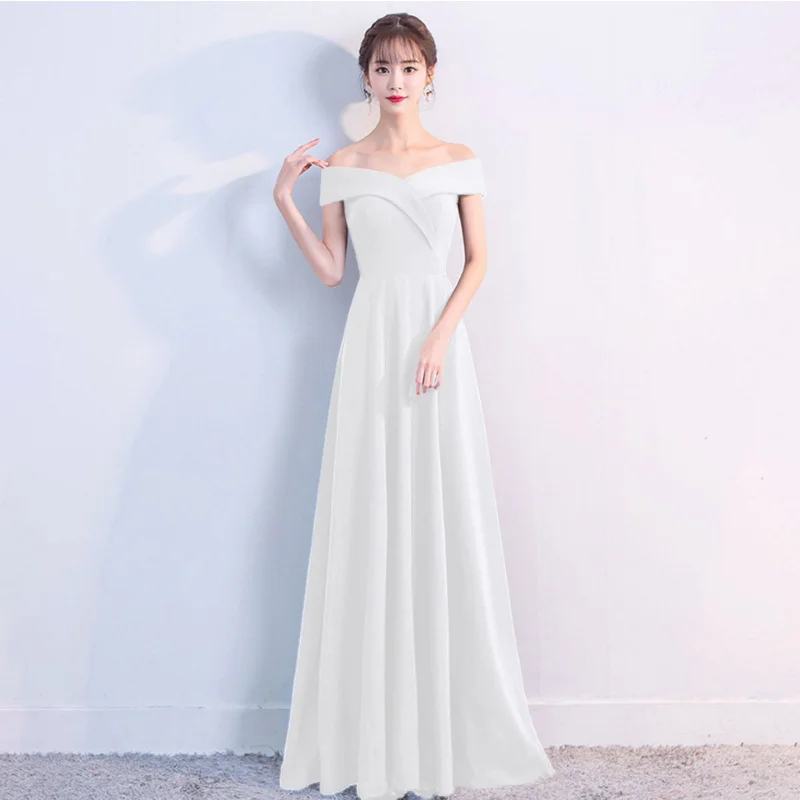 

Elegant A Line Off the Shoulder White Satin Long Gown Floor Length Simple Evening Dresses فساتين للحفلات الراقصة