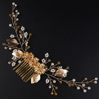 Gold Crystal Rhinestone Flower Leaf Wedding Hair Comb Headband Handmade Pearl Bridal Headdress Party Hair Accessories Headpieces