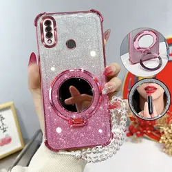 Custodia per telefono glitterata, shockproof, con supporto a specchio e cinturino di perline
